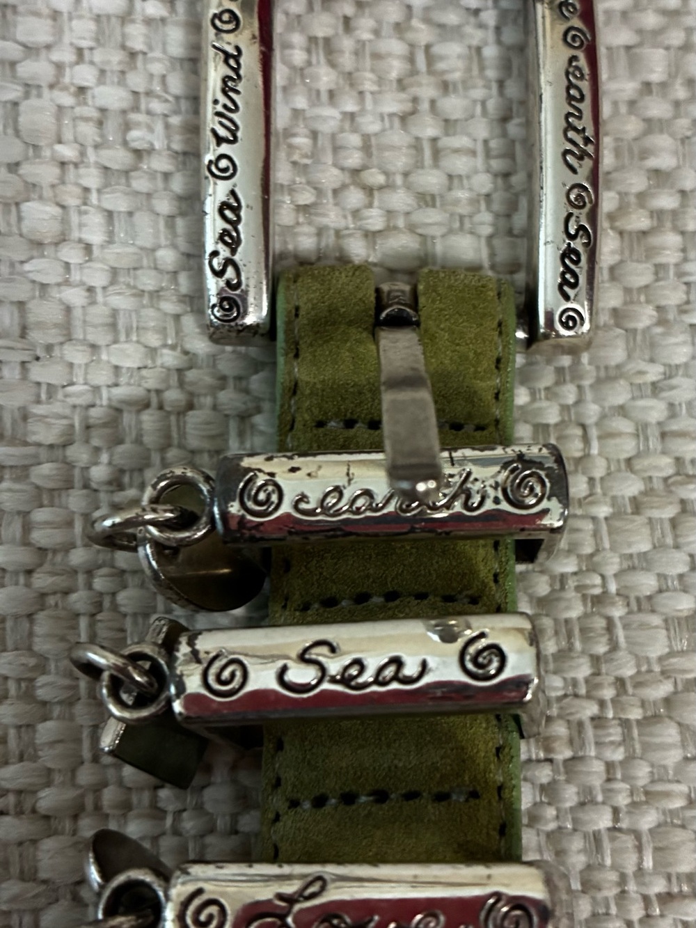Brighton Green Suede L silver-toned dangling word Belt - Picture 8 of 12